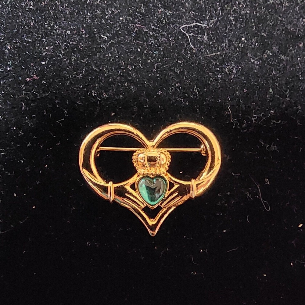 Vintage Avon N R Heart Goldtone Brooch Pin Teal Green Stone Made for a Queen